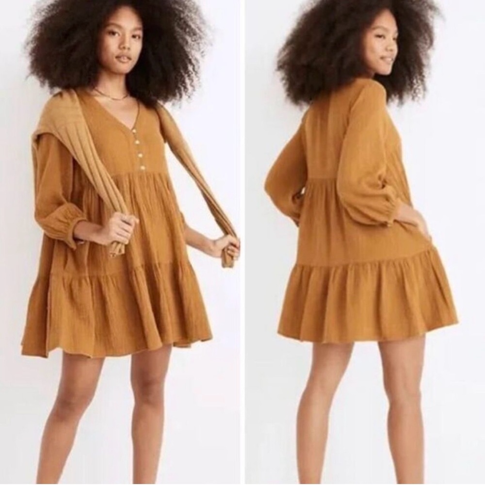 Madewell Lightspun Colette Mini Dress in goldenrod yellow tan tiered small 4